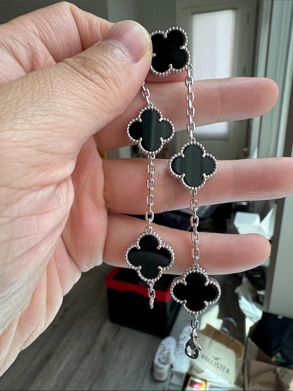 Black Onyx Clover Station Bracelet Silver Tone